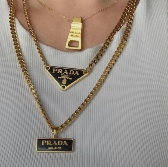 Private Label Jewelry - Reworked Gold/Black Prada Logo Necklace 11 1/2"